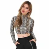 Casual snake print t shirt women mesh top long sleeve transparent snakeskin female t-shirt high neck crop tops Y10871