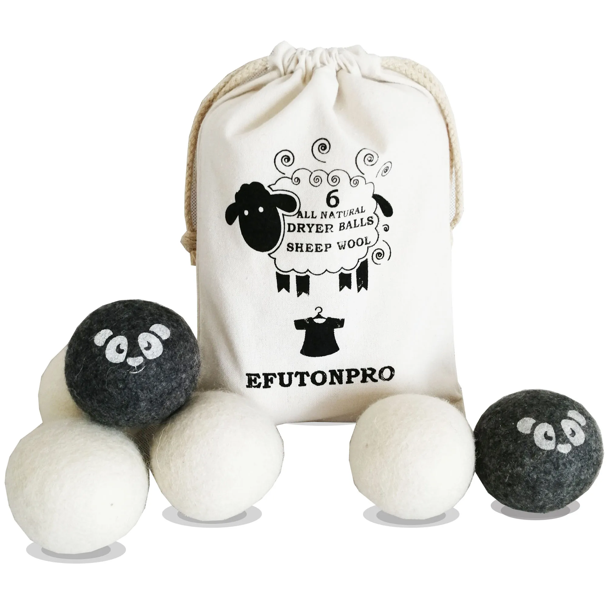

6pcs/pack Natural Reusable Eco Friendly Softener Organic 100%New Zealand Little Lamb Wool Bamboo dryer balls 7cm for laundry, White dark grey black blue any