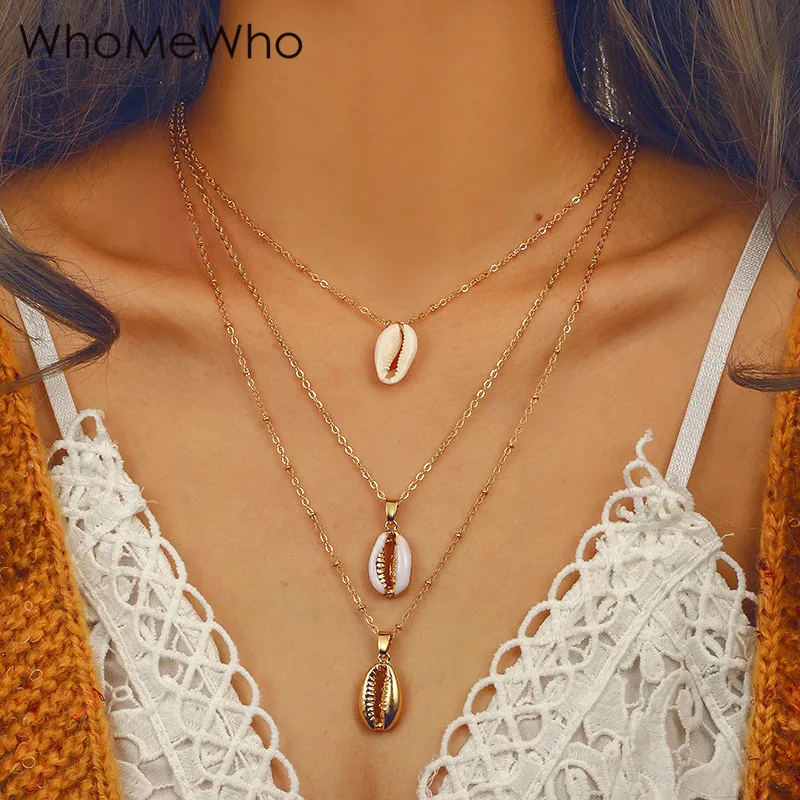 

Bohemian Multi Layer Natural Shell Necklaces For Women Girl Gold Chain Long Cowry Seashell Necklace Pendant Party Jewelry