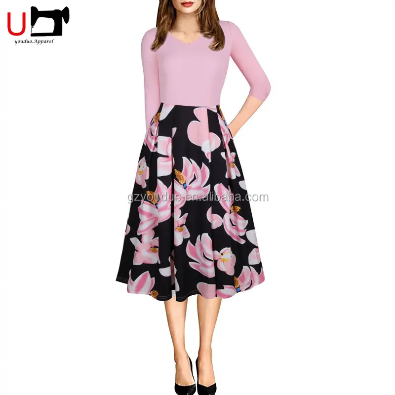 

Elegant Floral Printed 3/4 Sleeve Patchwork Sexy Ladies Fashion Formal Work Dresses Women, Blue;pink;black;customized