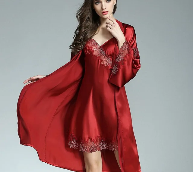 Women Silk Nighties 100% Charmeuse Satin Silk Nightgowns And Robe Set ...