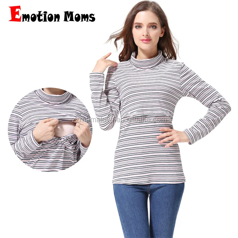 

Emotion Moms Turtle Neck Cotton Lady Breastfeeding Clothes Maternity Stripe Tops Clothes For Pregnant Women, Black;pink stripe;black/white stripe;black/grey stripe