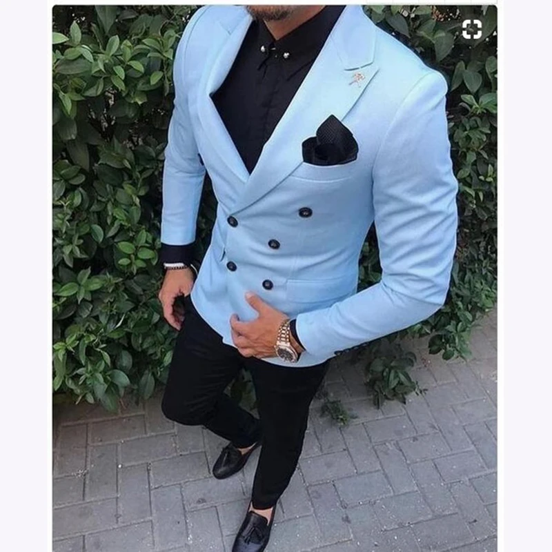 

HD125 Tailored Slim Fit 2 Piece Light Blue Suit Men Tuxedo double breasted Groom Blazer mens Wedding Suits Jacket And Pants, Per the request
