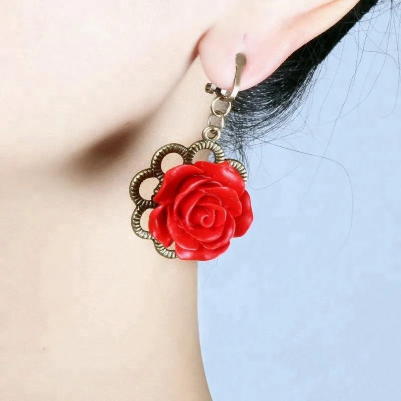 

Lapis red flower ethnic exotic dangle rose earrings