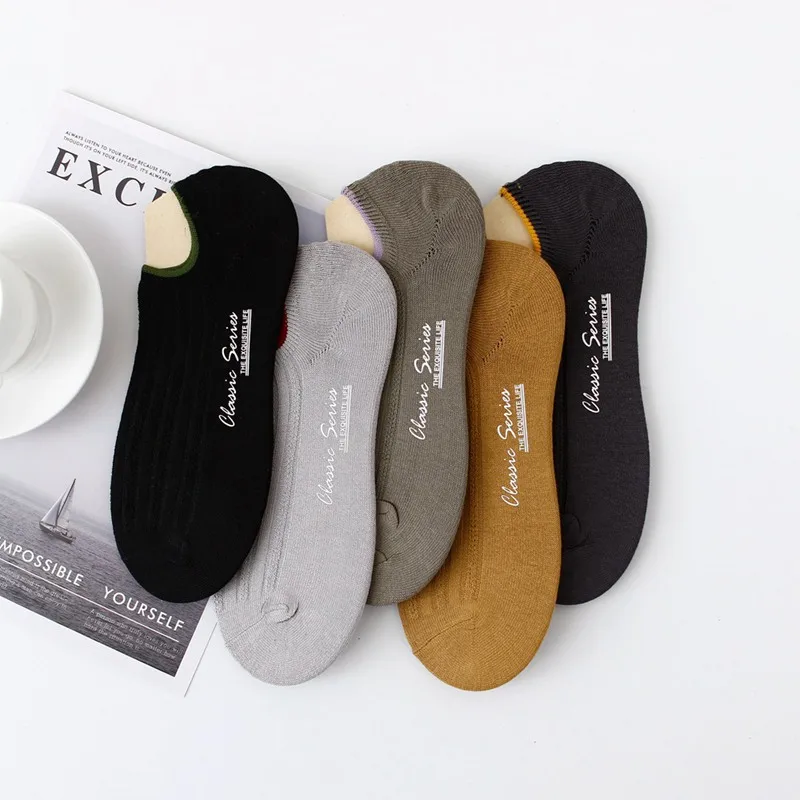 

New printing men's non-slip silicone bamboo invisible socks five pairs of wholesale, Picture