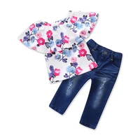 

WHS03 Summer Kids Suit Fashion Casual Girls Clothing Sets Floral Print Tops Jeans Teenage Girls Clothes Set