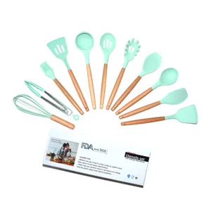 Image of 11pcs Silicone Cooking Kitchen Utensils Set, Bamboo Wooden Handles Cooking Tool BPA Free Non Toxic Silicone