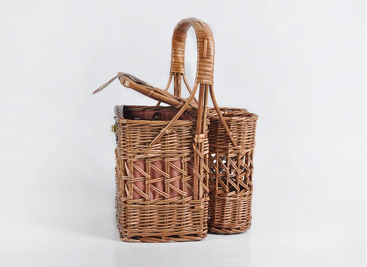 Wholesale Foldable Wicker Cane Picnic Gift Wine Baskets With Handles