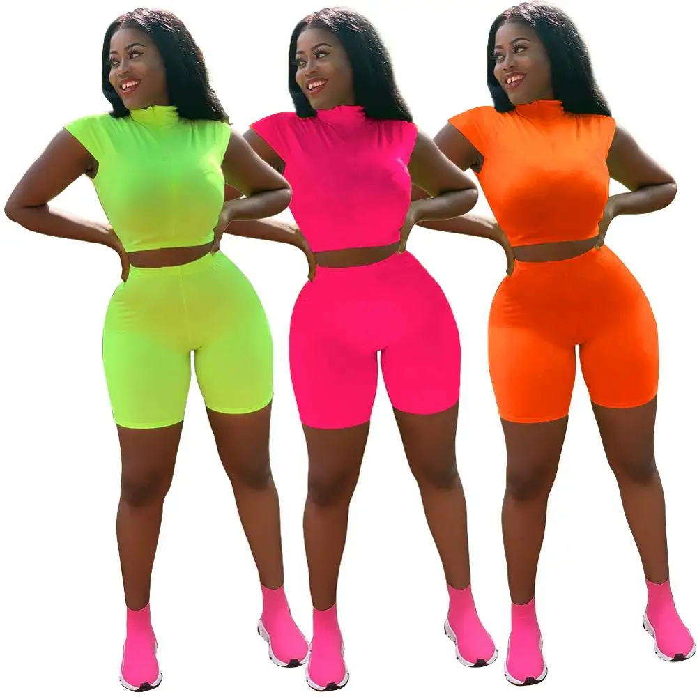 

2019 Women Clothing Half Zipper Crop Top Sleeveless Neon Two Pieces Pant Set