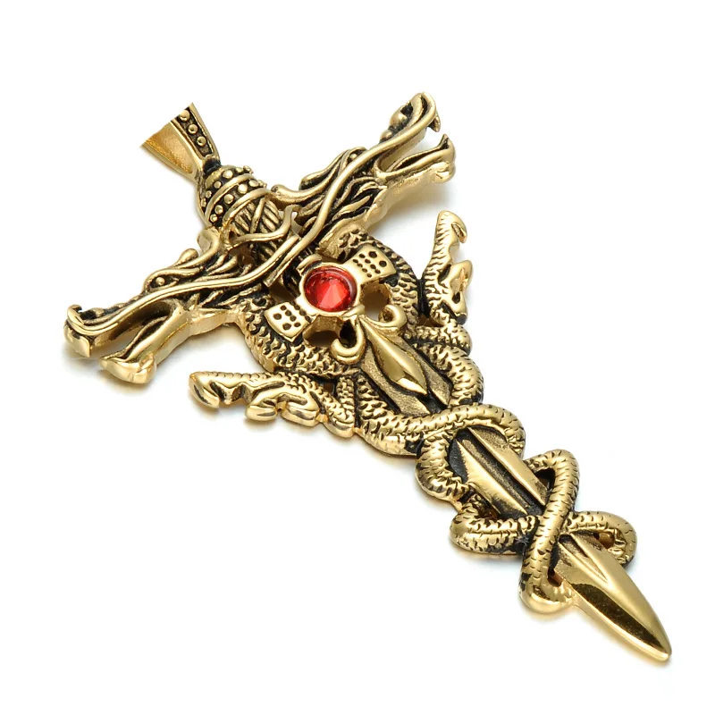 

Fashion Gold Plated Mens Stainless Steel Double Dragon Sword Necklace, As picture