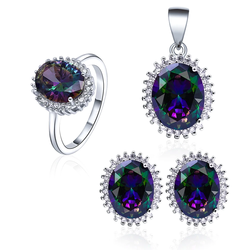 

POLIVA Western Classic Fashion Design Rainbow Colored Stone 925 Sterling Silver Oval Shape Jewelry Set, Multicolor