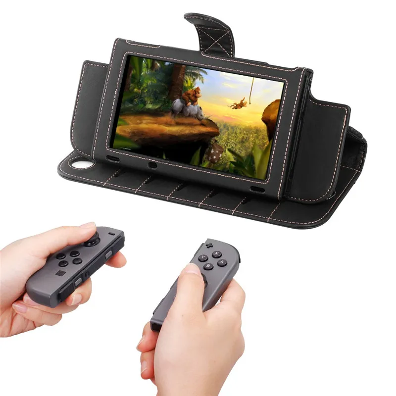 

Leather Wallet multifunction bag Protective Case bracket Stand for Nintendo switch Joy-Con, Black;brown