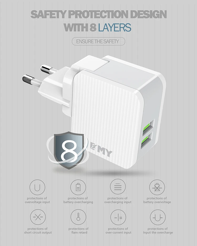 EMY vente chaude 5V2.4A voyage chargeur USB avec prise UE / UK / US pour tÃ©lÃ©phone Android