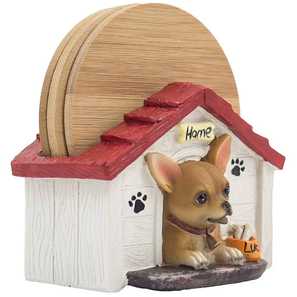 Buy Cute Chihuahua Puppy In Doghouse Bamboo Drink Coaster Set With