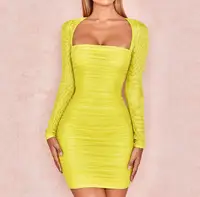 

fashion lady ruching dress long sleeve mesh Fluorescent bodycon dress clothing womens sexy dress