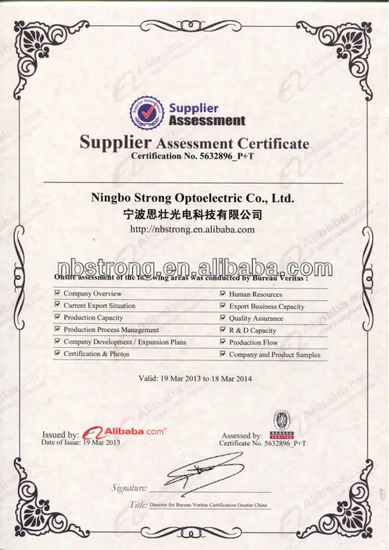 Supplier Assessment Certificate