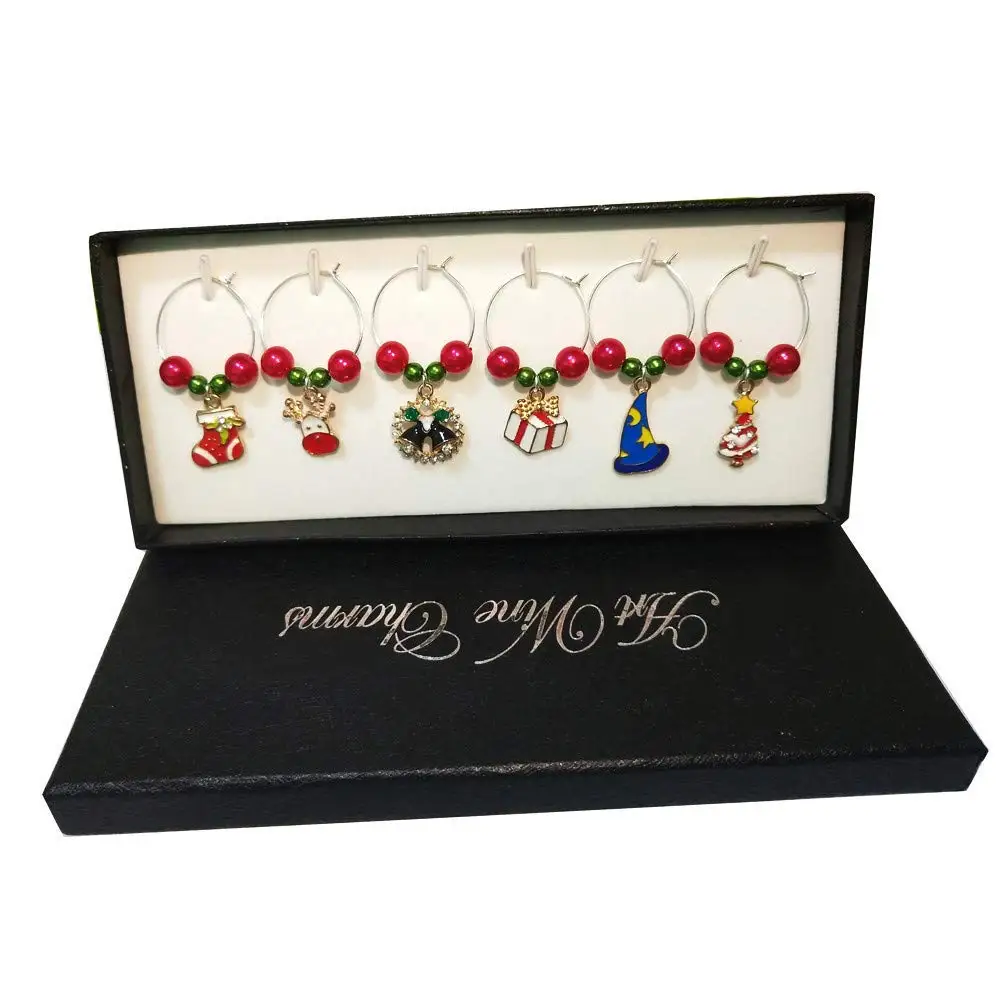 XGuangage 6pcs Christmas Tree Hat Snowman Charm Marker Wine Glass Marker Tags Party Bar Table Decorations