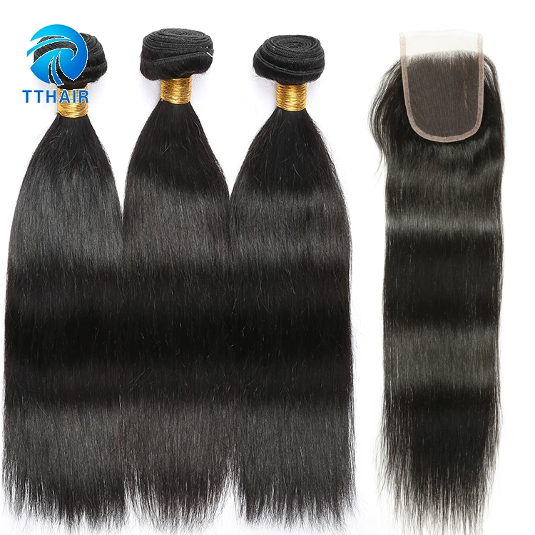 

8A Brazilian Human Hair Extensions 3 bundles with 4*4 lace closure 100% unprocessed remy hair weaves Straight Hair, N/a