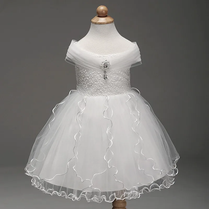 Latest White Lace Boat Neck Design Ruffle Net Flower Girl Wedding Dress LM8807