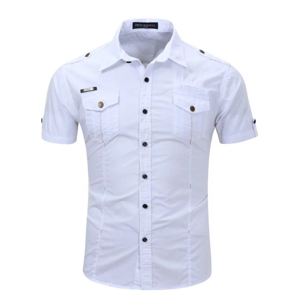 

Classical Summer Fashion men Brand Cotton Short Sleeve Military Uniform Shirt With Epaulets Pocket, Black;white;khaki