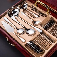 

On Line Shopping Popular Cheap 84pcs Korean Stainless Steel Silver Gold Rustic Flatware Set with Wooden Box Case