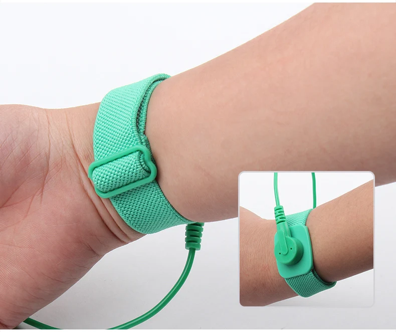 带4毫米灯笼插头或短吻鳄夹的绿色纱线抗静电 esd 腕带