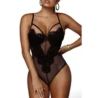 

2019 Black Sheer Eyelash Lace Teddy Bodysuit Women Sexy Bodysuit