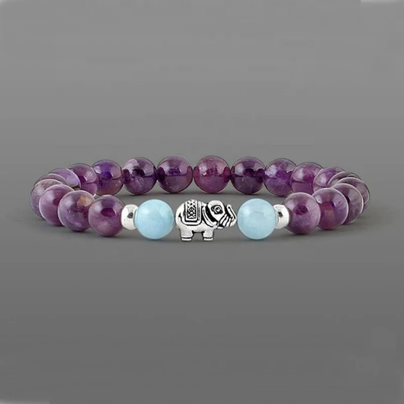 

SN1544 Elephant February Birthstone Jewelry Amethyst Mala Bracelet Yoga Wisdom Bracelet Strength Symbol Animal jewelry, As picture