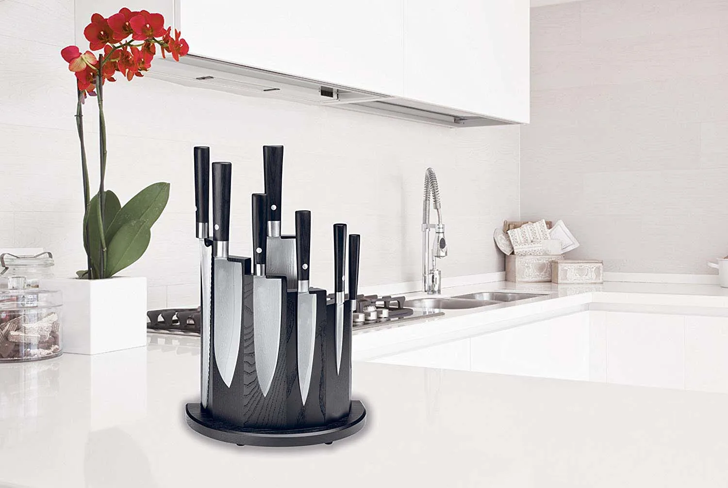 Kitchenware Wood Knife Block Black Round Knife Block