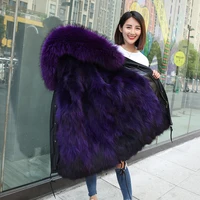 

Wholesale Large Quantity Fashion Women Parka Rex Rabbit Fur Lining Purple Hooded Parka Fur Raccoon Jacket