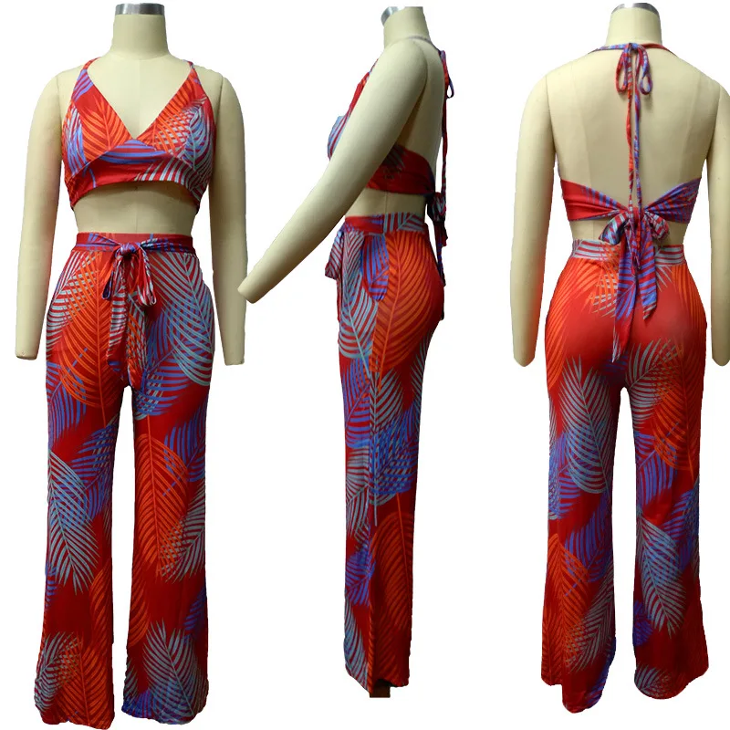 Women Two Piece Set Leaves Print Strap Cropped Top Pants High Waist Wide Leg Pant Sexy Sweatsuit Casual Beach Suits Y11592