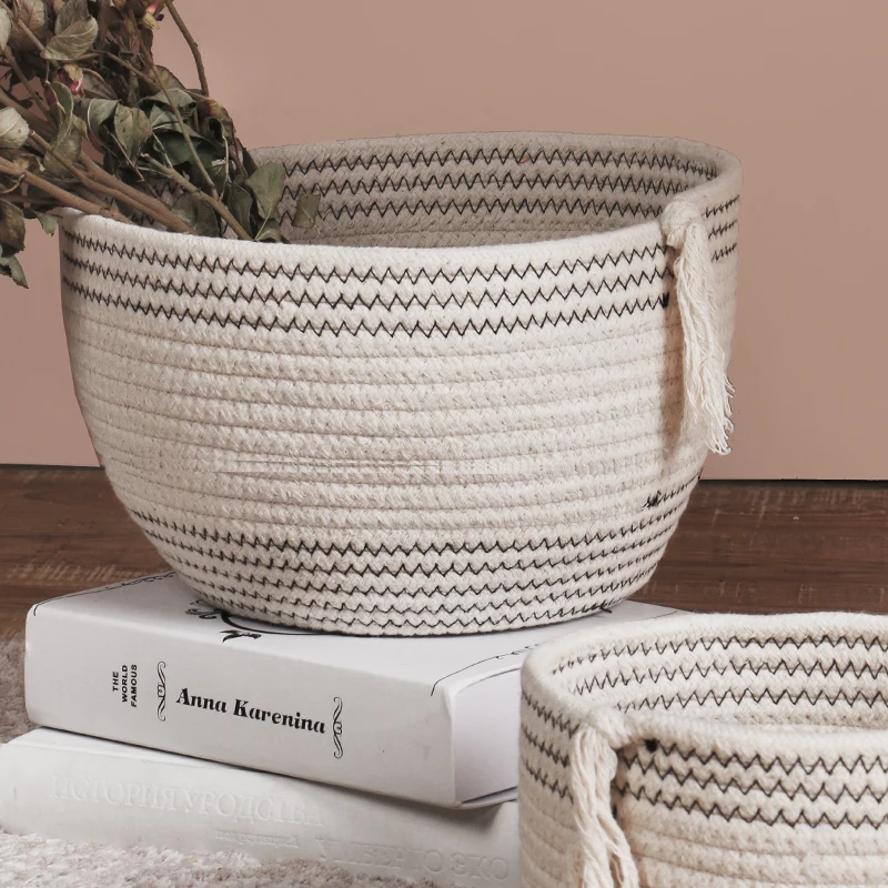 

Eco-friendly round handmade woven storage 3 sizes weave tassel dry flower pots cotton rope woven planter baskets, As photo