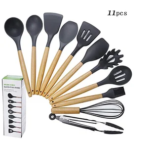 Image of Amazon Hot Bamboo Wooden Handles Kitchen Gadgets Silicone Cooking Kitchen Utensils Set for Nonstick Cookware 11pcs/set