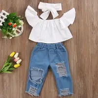 

GX667A Baby girl garment toddler girls off shoulder tops+jeans pants 3pcs outfits set