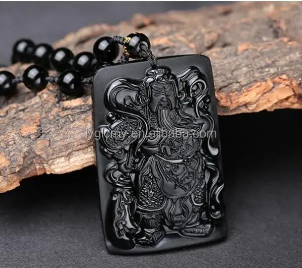 

Fashion Beautiful Jewelry Natural Stone Black Obsidian Carved The Xuanwu Broadsword Pendant Free beads Necklace