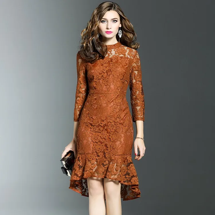 New Smart Elegant Dress 3/4 Sleeve Lotus Leaf Sweep Lace Dress Designs ...