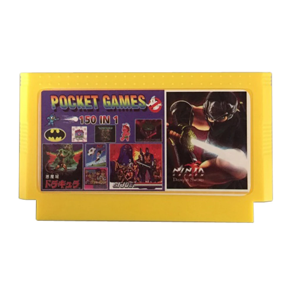 

8 bit Game Cartridge 150 in 1 with game Rockman 1 2 3 4 5 6 NINJA TURTLES,Contra, Kirby's Adventure, Yellow