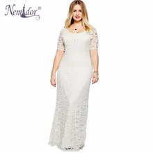 Nemidor 2016 Mulheres Elegante Do Laço Branco Vestido de Festa Plus Size 7XL 8XL 9XL Manga Curta Até O Chão vestido de Verão Casual Vestido Longo Maxi