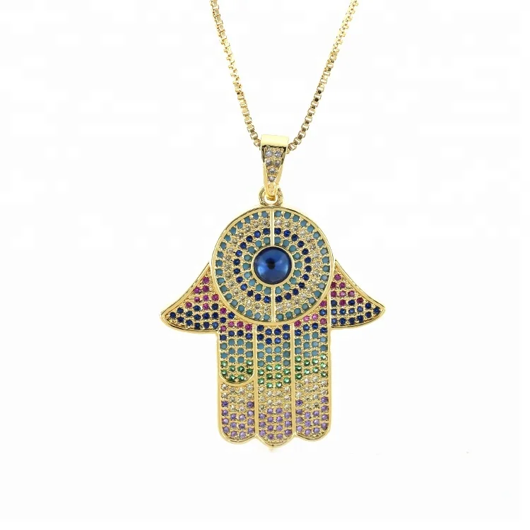 

Hot Sale Multicolor Zircon Hamsa Hand Necklace With Blue Eye, Gold;silver;rose gold;black