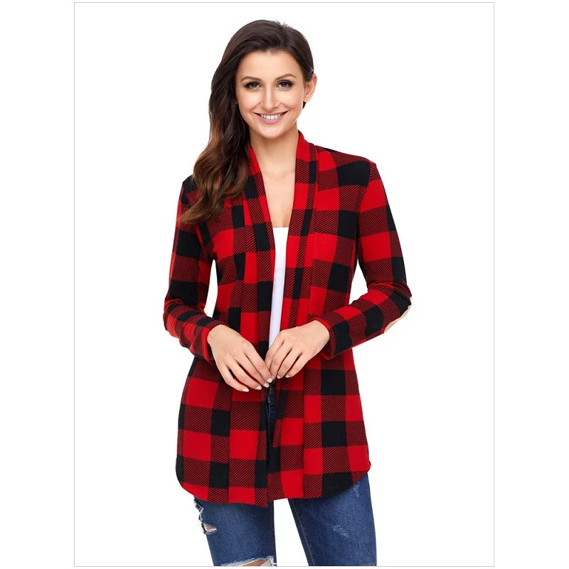

Factory Suede Patch Long Sleeve Plaid Women Autumn Sweater Cardigans, N/a