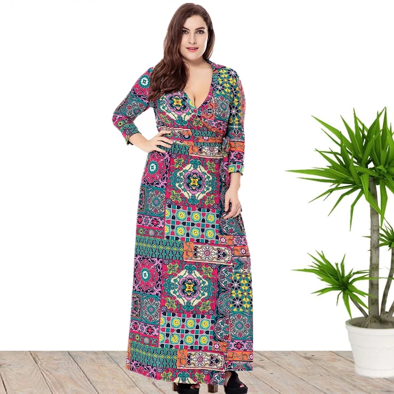 

2020 Hotsale V-neck Floral Print Plus Size Maxi Long Autumn Wrap Dress For Women