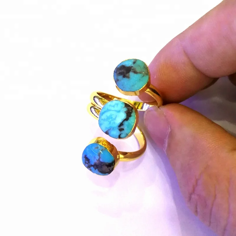 

Blue design ring three natural turquoise stones adjustable finger rings boho jewelry for women