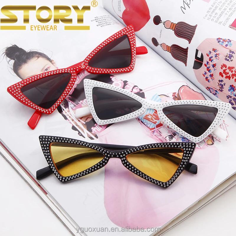 

STORY Luxury Crystal Decoration Triangle Butterfly Sharp Shades sunglasses UV400 designer Ladies small cat eye sunglasses authen