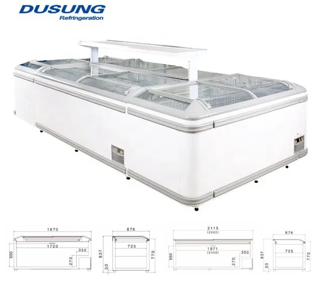 Supermarket Commercial Island Freezer Sliding Glass Curved Lid Chest