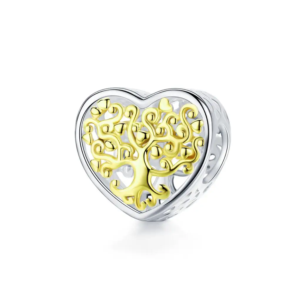 

New Arrival Tree of Life Heart Shape Beads for Women Jewelry Making Gold Color 925 Sterling Silver Charm