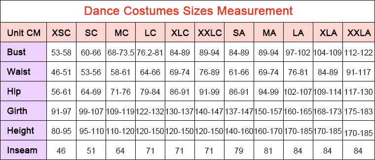 Dance Costume Size Chart