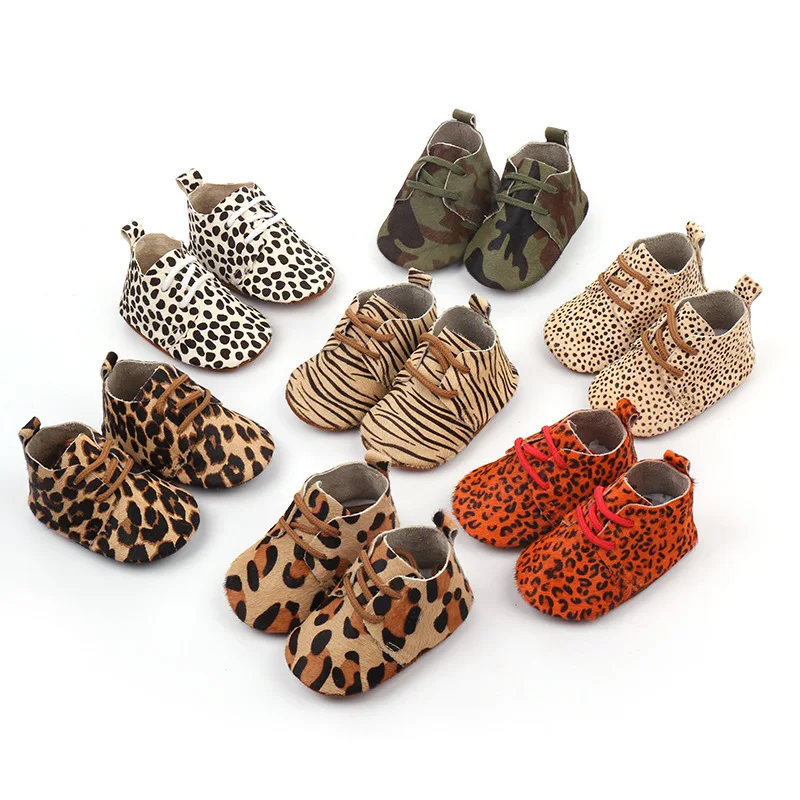 HONGTEYA Leather Leopard Baby Shoes Hard Sole T-Strap Boys Girls Moccasins for Infants Babies Toddlers