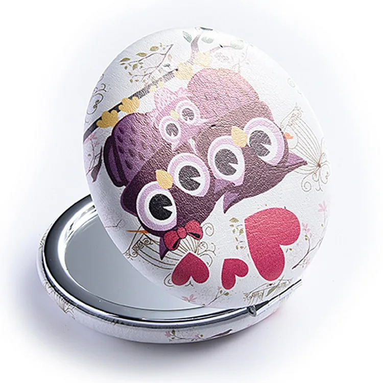 

High Quality Girls Custom PU Leather Round Shape Owl Pattern Folding Small Fancy Makeup Mirror, As pics