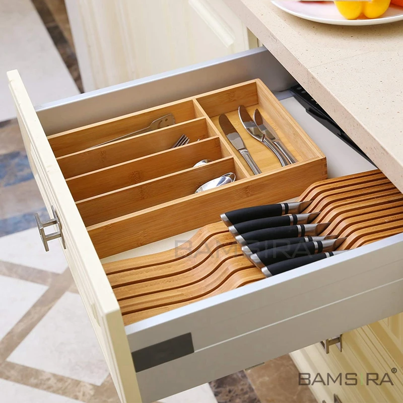 Bamboo Large Cutlery Tray Drawer Divider Organizer Kitchen Flatware