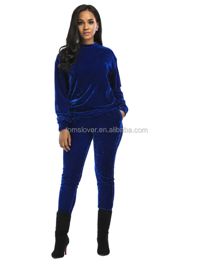 

Fashion Autumn Winter Long Sleeve Two Pieces Women Blue Crushed Velvet Tracksuit Set, Grey;wine red;dark green;blue